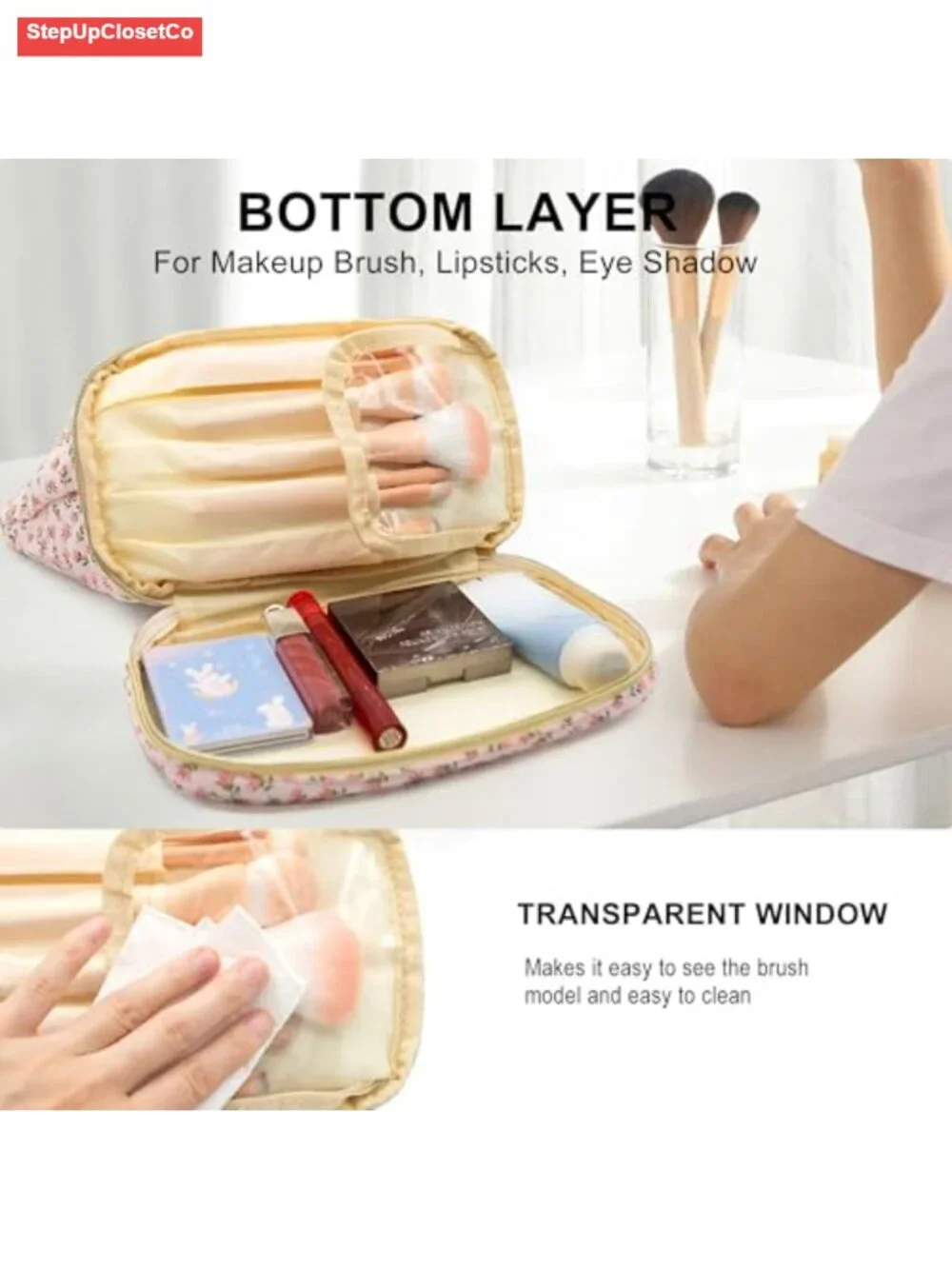 Floral Double Layer Cosmetic Bag Large Capacity Travel Toiletry Organizer